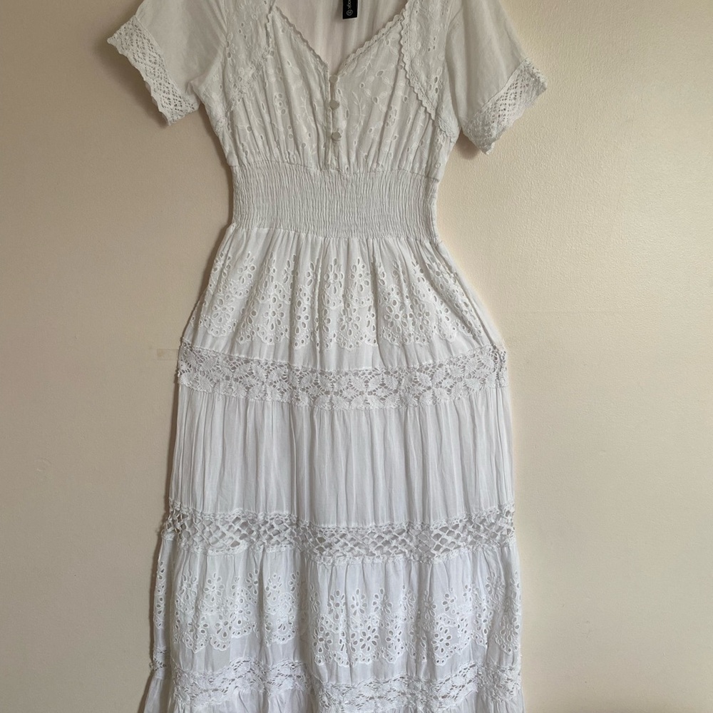 White Lace Trim Maxi Dress with Smocked Waist